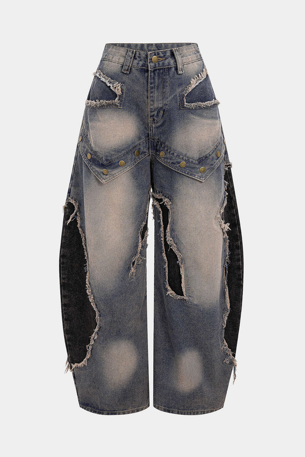 Baggy Denim Jeans Womens - Wide Leg Patchwork Frayed Rivets