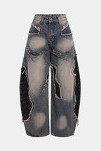 Baggy Denim Jeans Womens - Wide Leg Patchwork Frayed Rivets