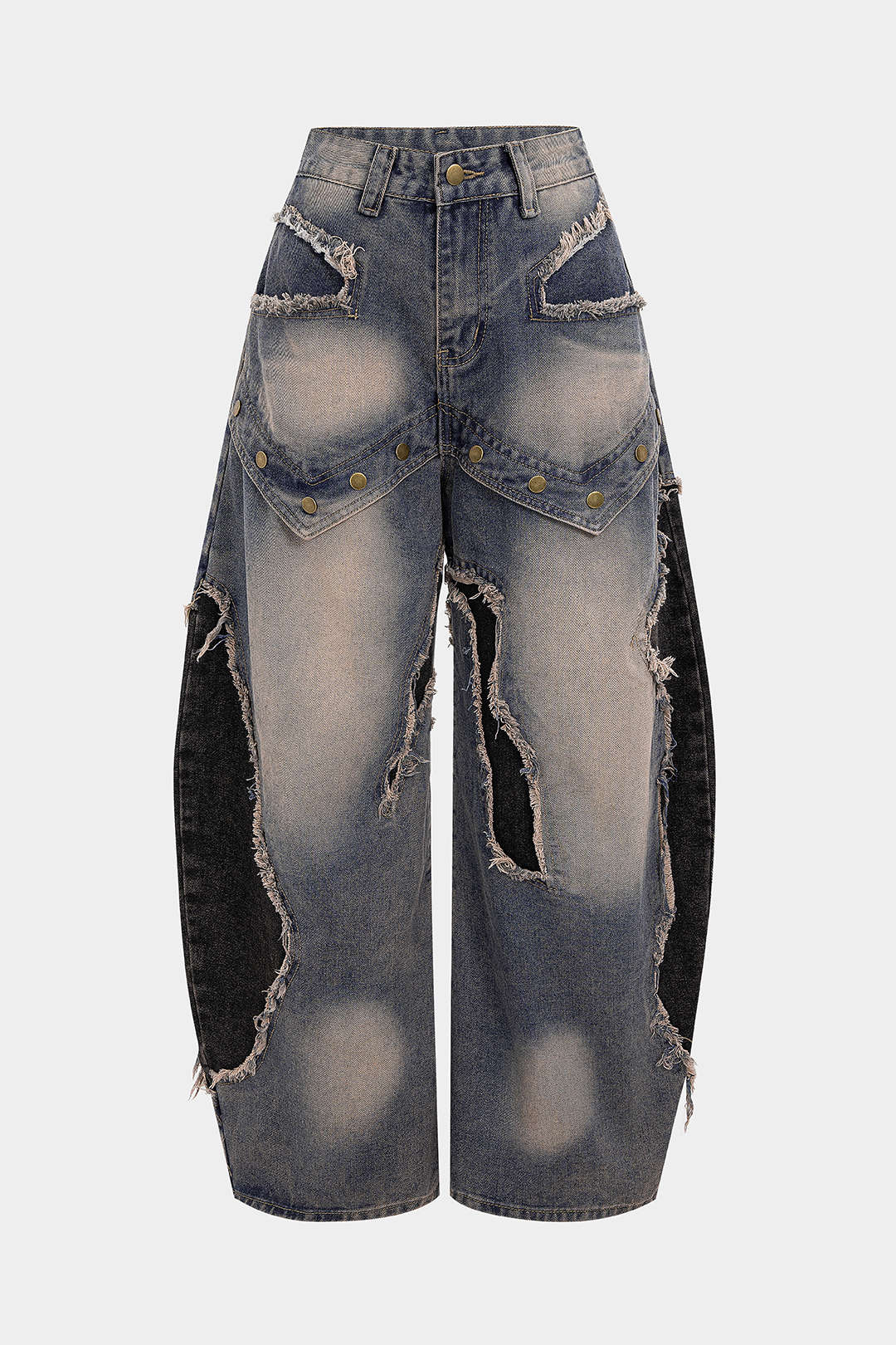Baggy Denim Jeans Womens - Wide Leg Patchwork Frayed Rivets