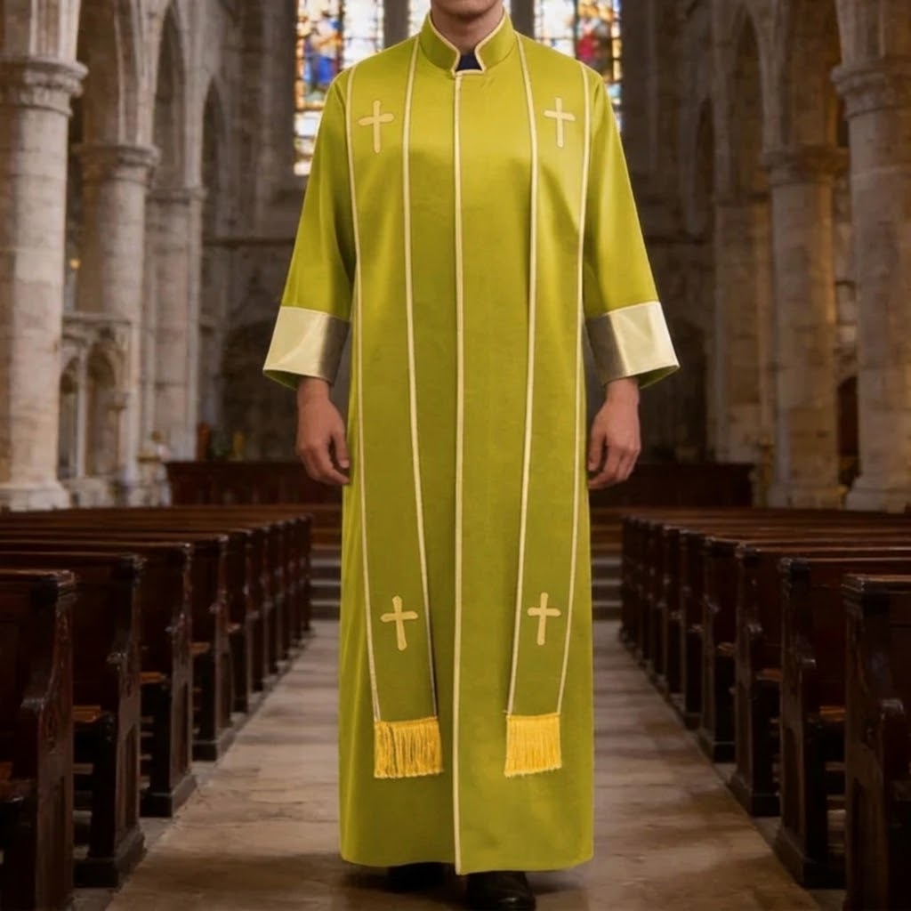 Traditional Pastor Robe With Vertical Cross Accents And Sleeve Trim Clergy Robe