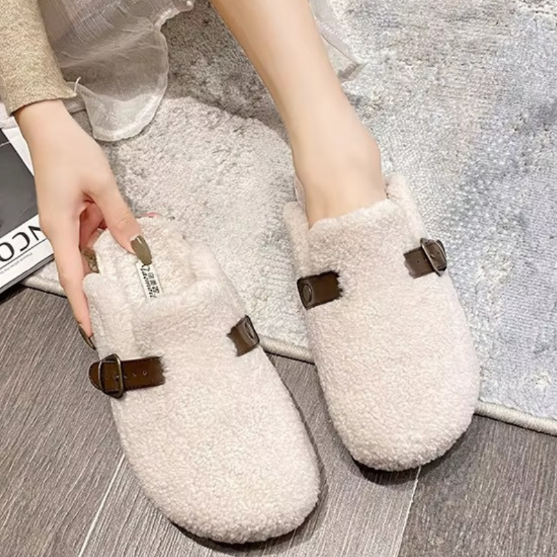 Clogs Women Fluffy Sherpa Round Toe Buckle Mules Slippers