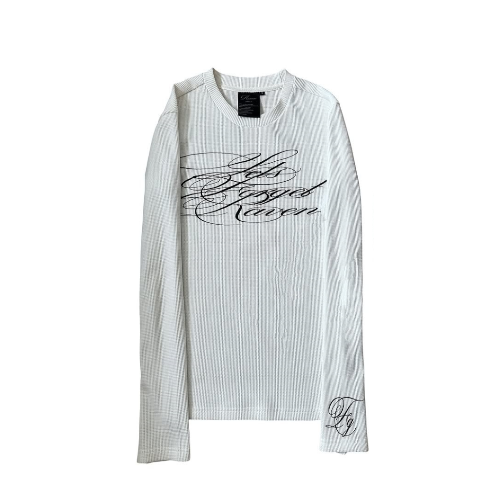 Long Sleeve Shirt Waffle Knit Graphic Tee Gothic Script Print Slim Fit