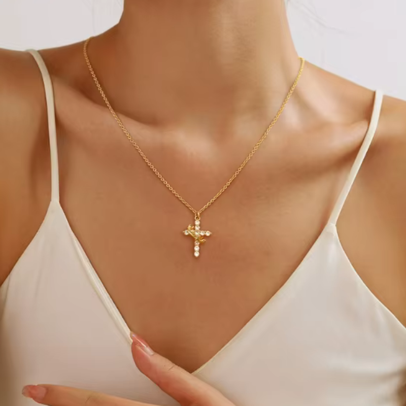 Crown Cross Pendant Necklace | Classic Steel Chain