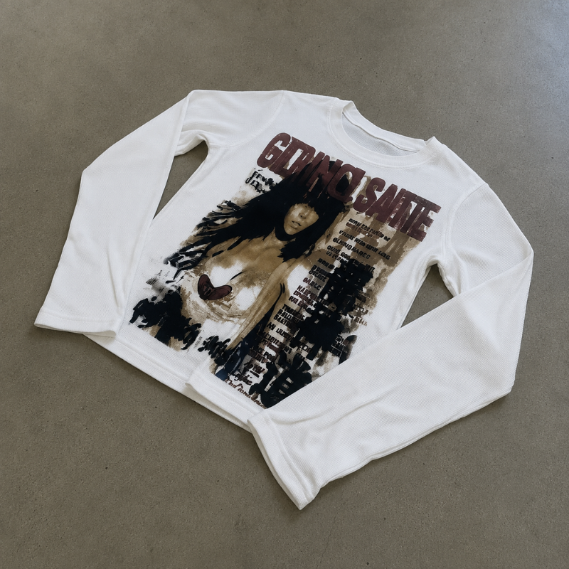 Long Sleeve Graphic Tee Womens Y2K Grunge Print White Slim Fit Vintage Top