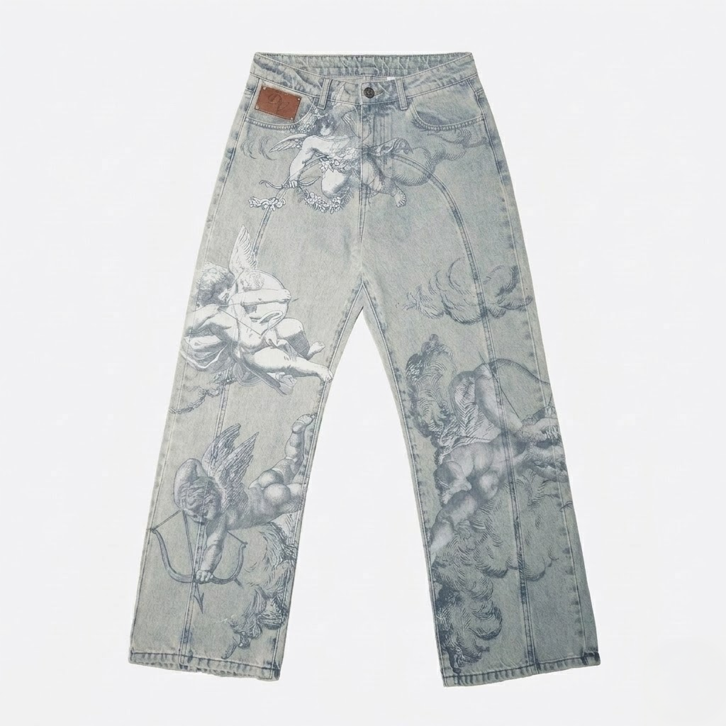 Y2k Angel Baggy Jeans Retro Streetwear Cupids Arrow-Tithesource-Light Blue-S-