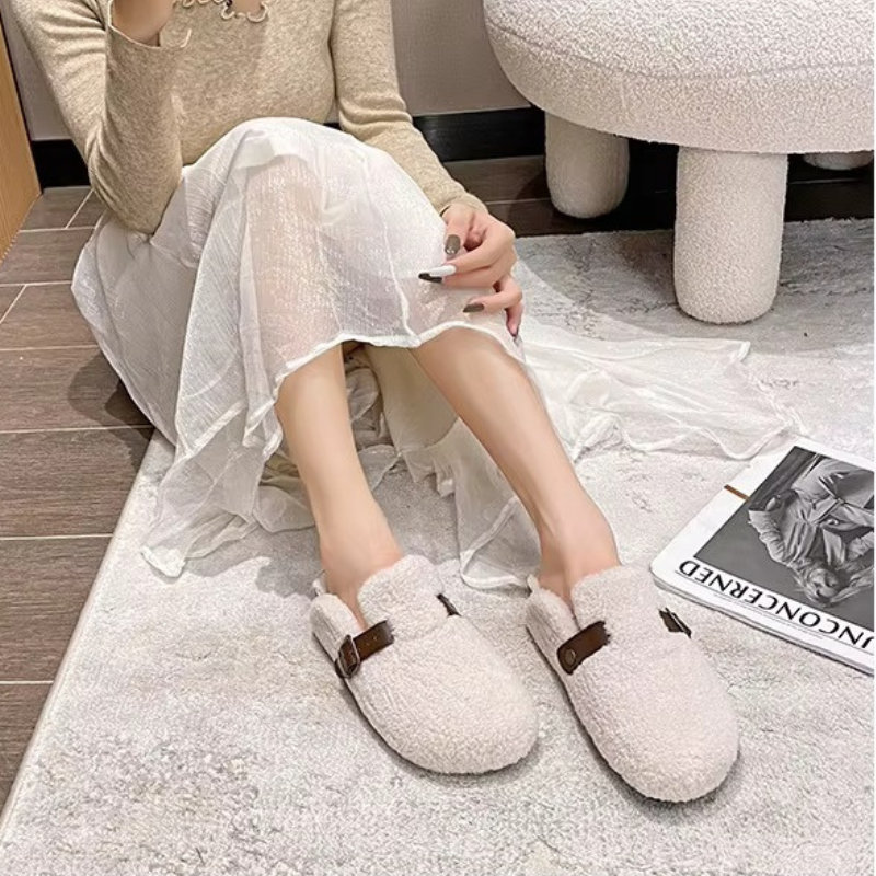 Clogs Women Fluffy Sherpa Round Toe Buckle Mules Slippers