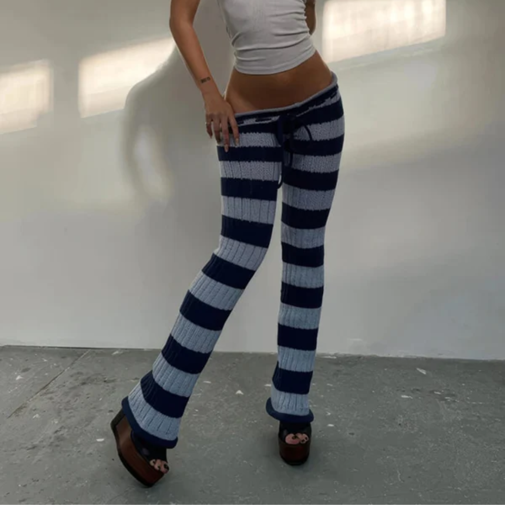 Low Rise Pants Women - Striped Knit Flared Leg