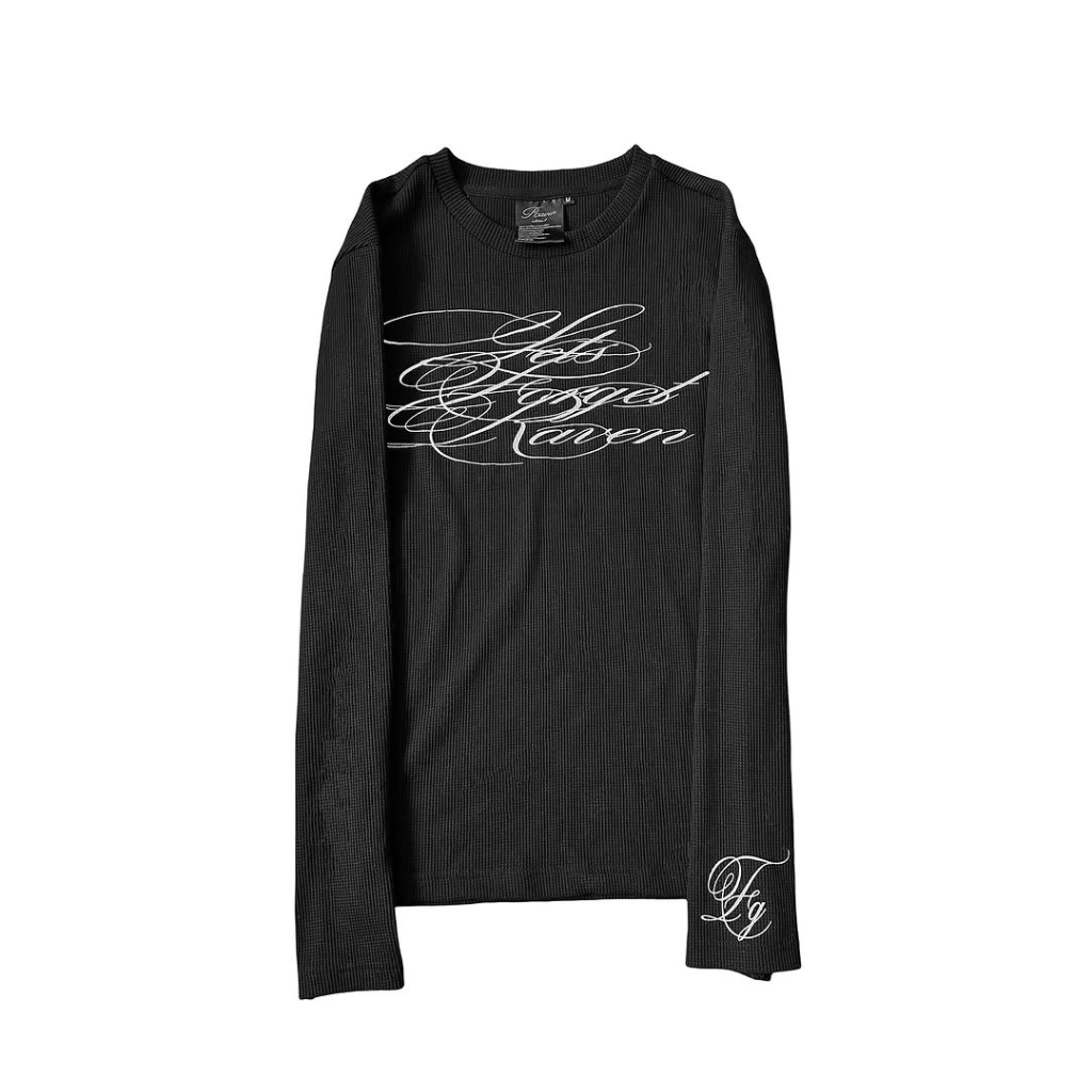 Long Sleeve Shirt Waffle Knit Graphic Tee Gothic Script Print Slim Fit