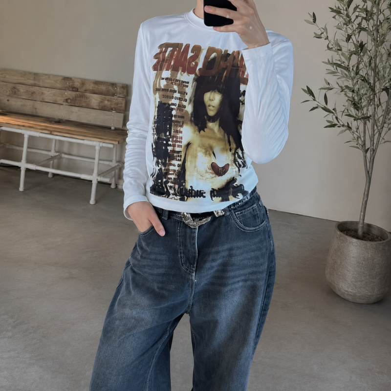 Long Sleeve Graphic Tee Womens Y2K Grunge Print White Slim Fit Vintage Top