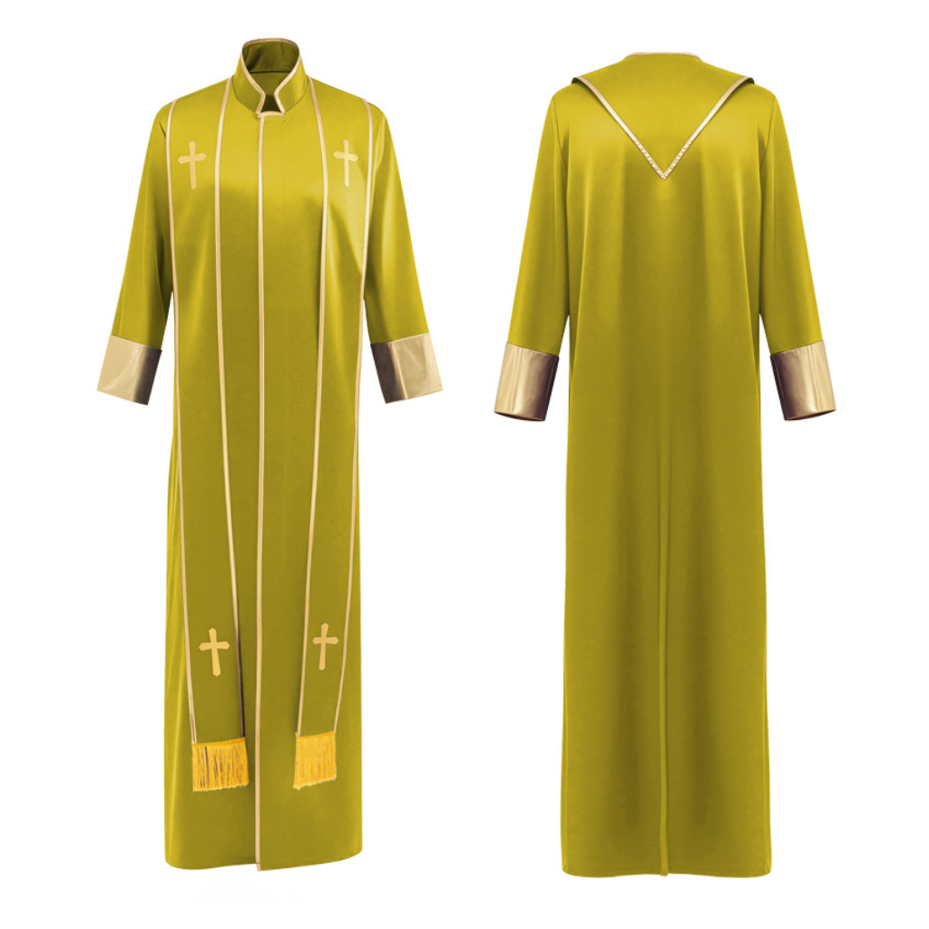 Traditional Pastor Robe With Vertical Cross Accents And Sleeve Trim Clergy Robe