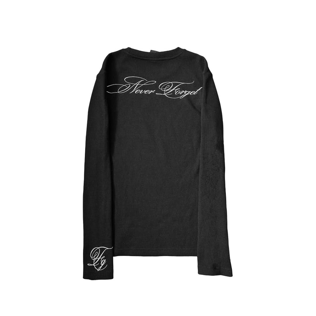 Long Sleeve Shirt Waffle Knit Graphic Tee Gothic Script Print Slim Fit