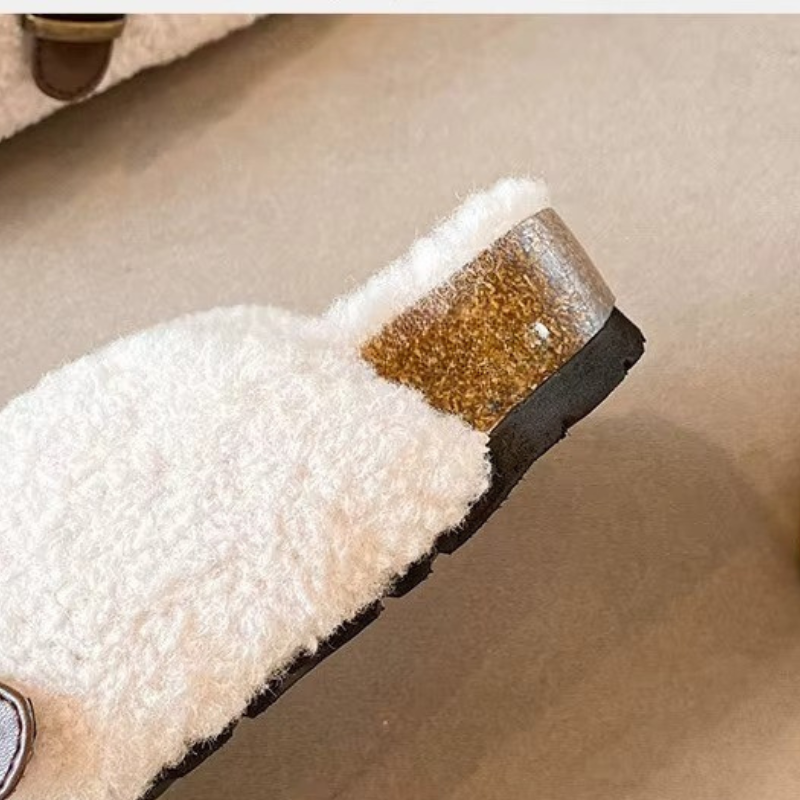 Clogs Women Fluffy Sherpa Round Toe Buckle Mules Slippers