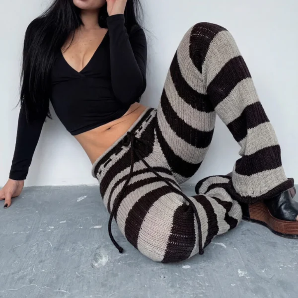 Low Rise Pants Women - Striped Knit Flared Leg