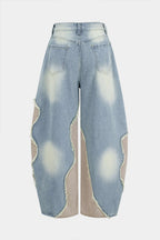 Baggy Denim Jeans Womens - Wide Leg Patchwork Frayed Rivets