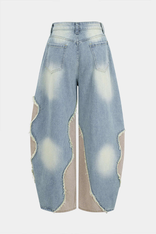 Baggy Denim Jeans Womens - Wide Leg Patchwork Frayed Rivets