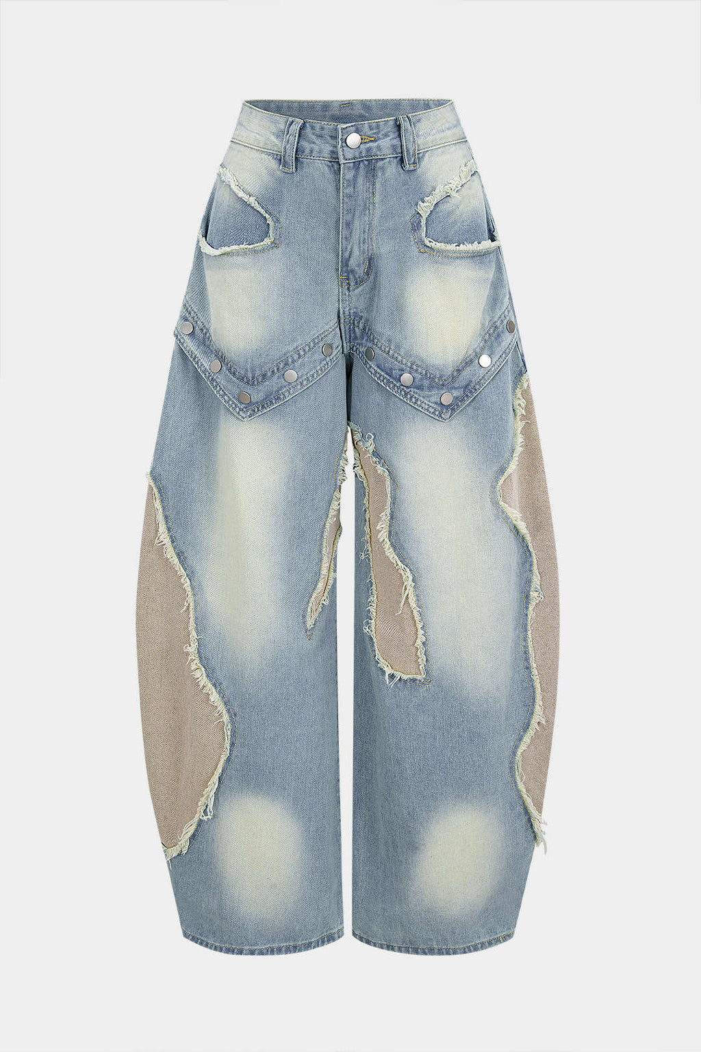 Baggy Denim Jeans Womens - Wide Leg Patchwork Frayed Rivets