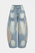 Baggy Denim Jeans Womens - Wide Leg Patchwork Frayed Rivets