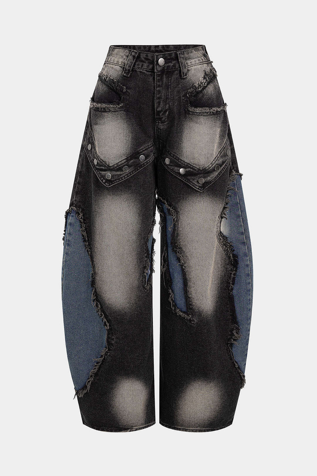 Baggy Denim Jeans Womens - Wide Leg Patchwork Frayed Rivets