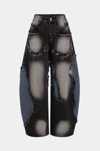 Baggy Denim Jeans Womens - Wide Leg Patchwork Frayed Rivets
