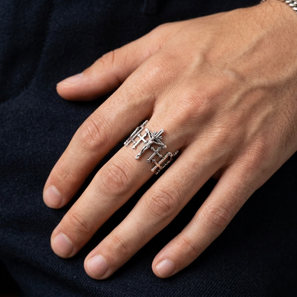 Adjustable Jesus Cross Retro Silver Metal Ring