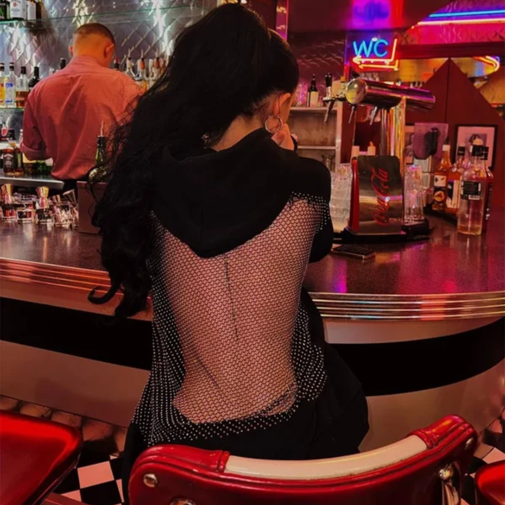 Backless Hoodie Women - Y2K Glitter Open Back