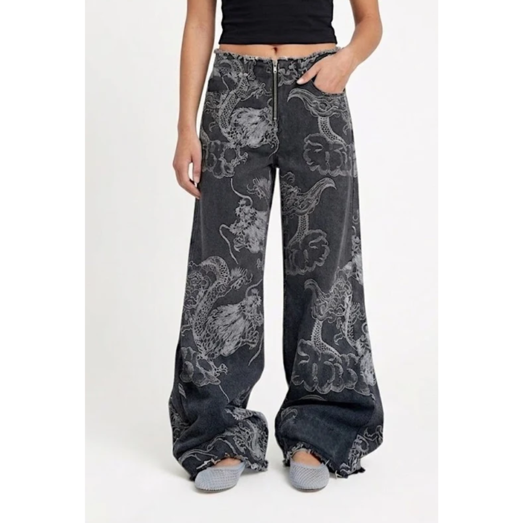 Baggy Black Jeans Women - Dragon Print Y2K