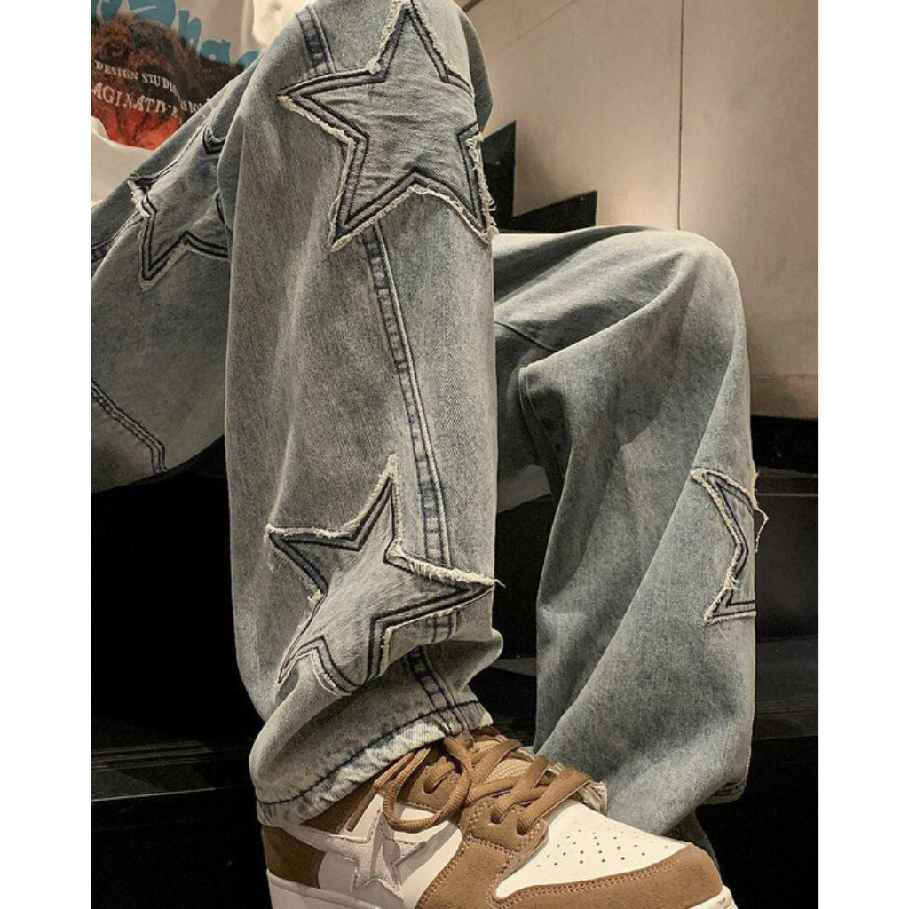 Baggy Jeans - Embroidered Star Y2K Denim-Tithesource-