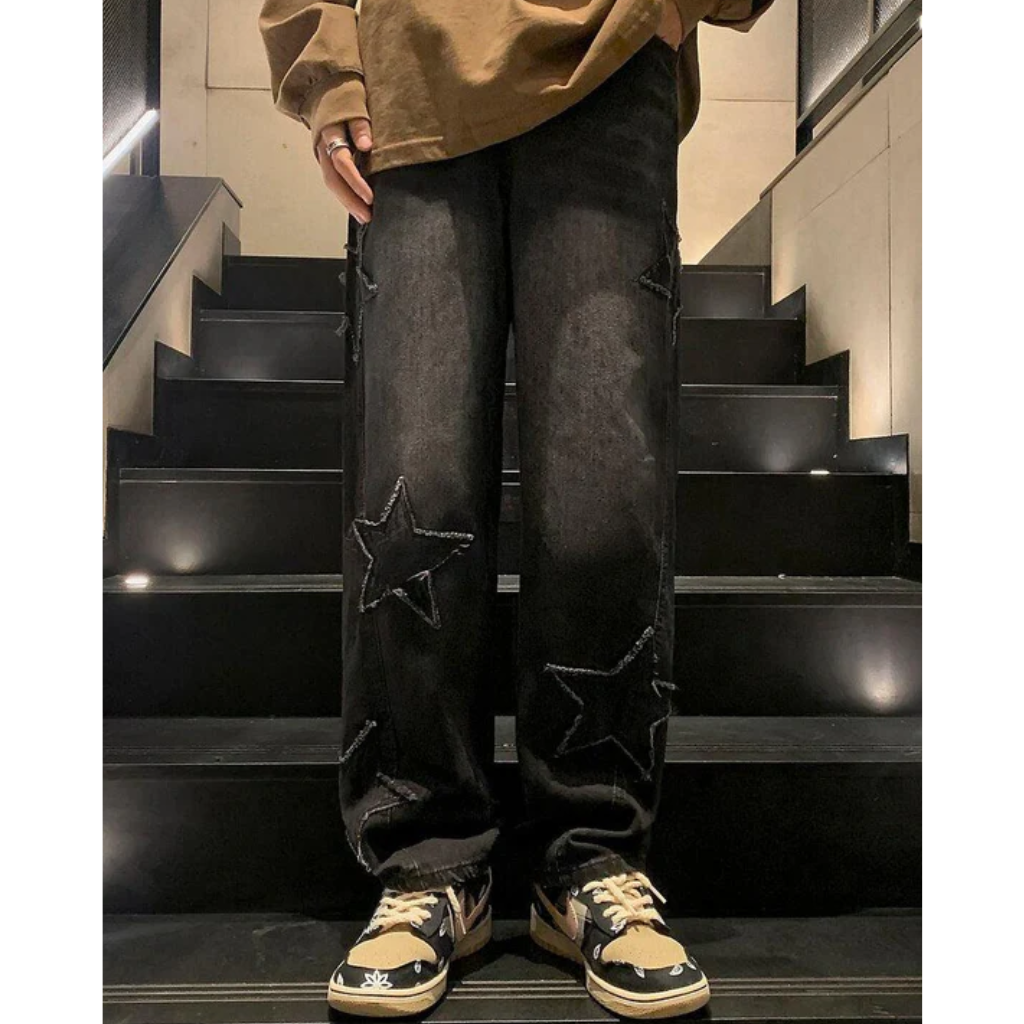 Baggy Jeans - Embroidered Star Y2K Denim-Tithesource-Black-S-