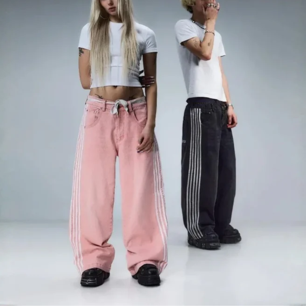 Baggy Jeans Embroidered - Striped Wide Leg Denim-Tithesource-