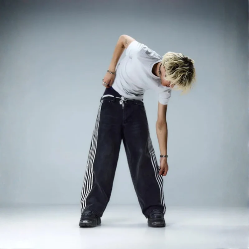 Baggy Jeans Embroidered - Striped Wide Leg Denim-Tithesource-