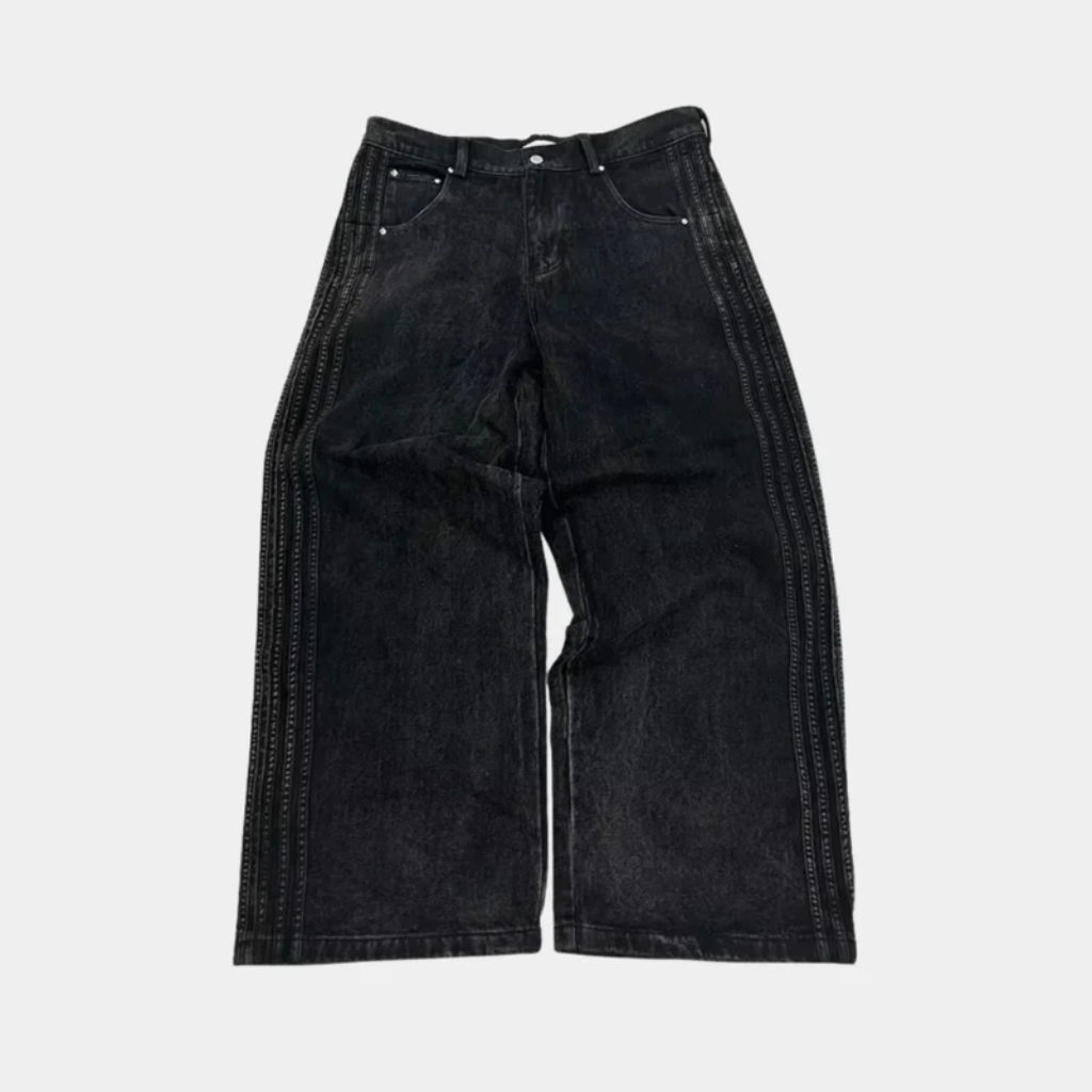 Baggy Jeans Embroidered - Striped Wide Leg Denim-Tithesource-Black-S-
