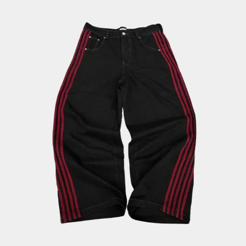 Baggy Jeans Embroidered - Striped Wide Leg Denim-Tithesource-Black/Red-S-