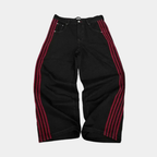 Baggy Jeans Embroidered - Striped Wide Leg Denim-Tithesource-Black/Red-S-