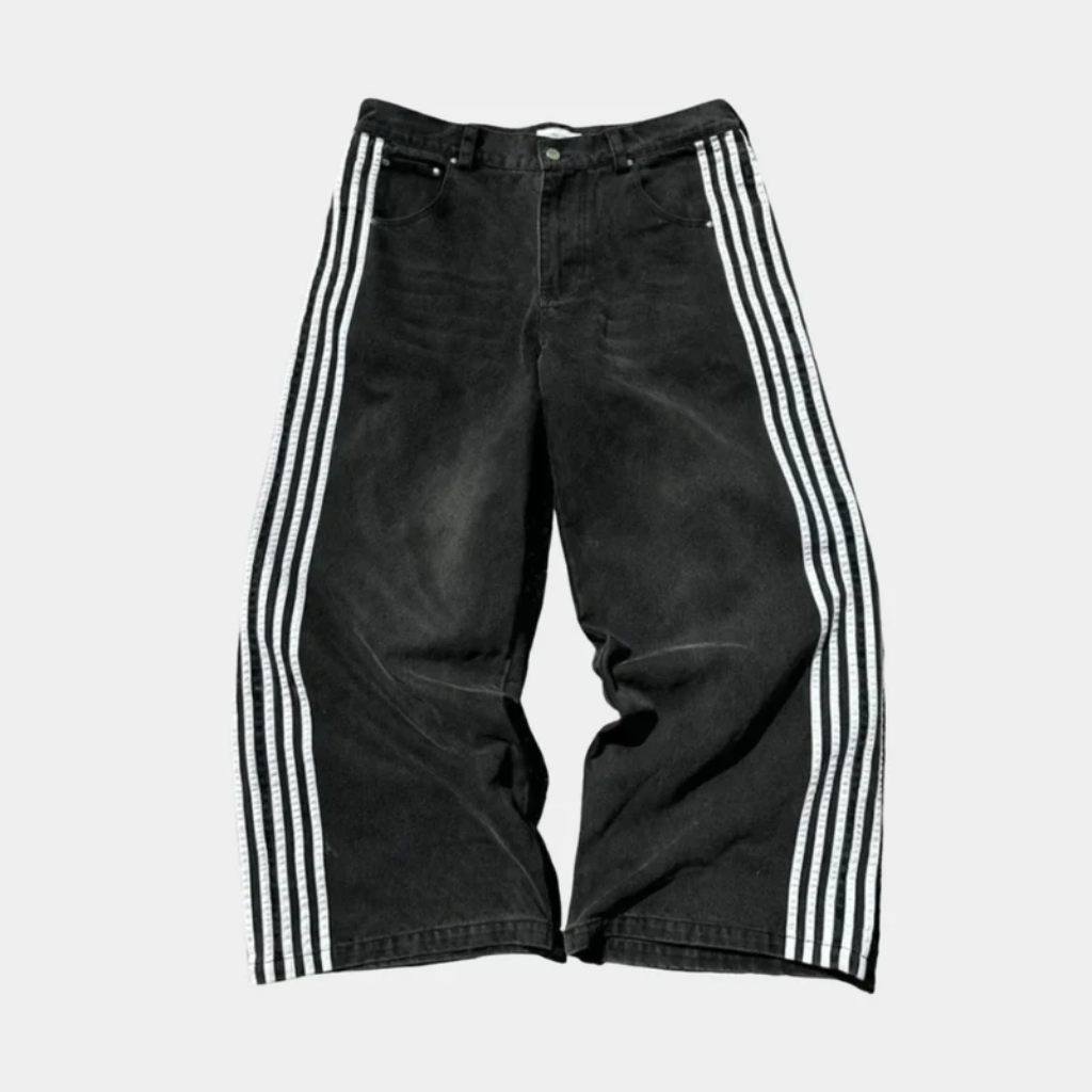Baggy Jeans Embroidered - Striped Wide Leg Denim-Tithesource-Black/White-S-