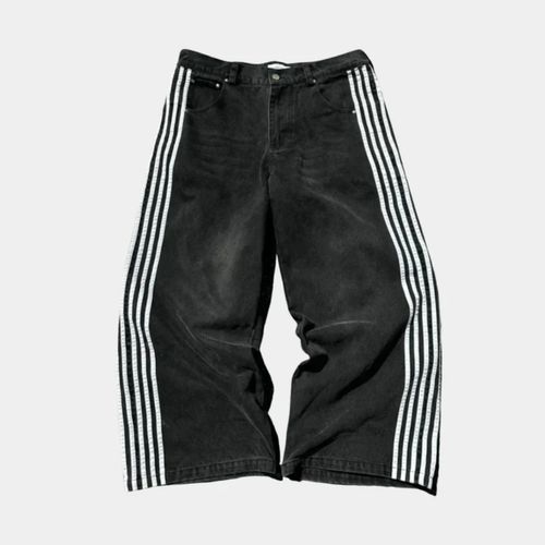 Baggy Jeans Embroidered - Striped Wide Leg Denim-Tithesource-Black/White-S-