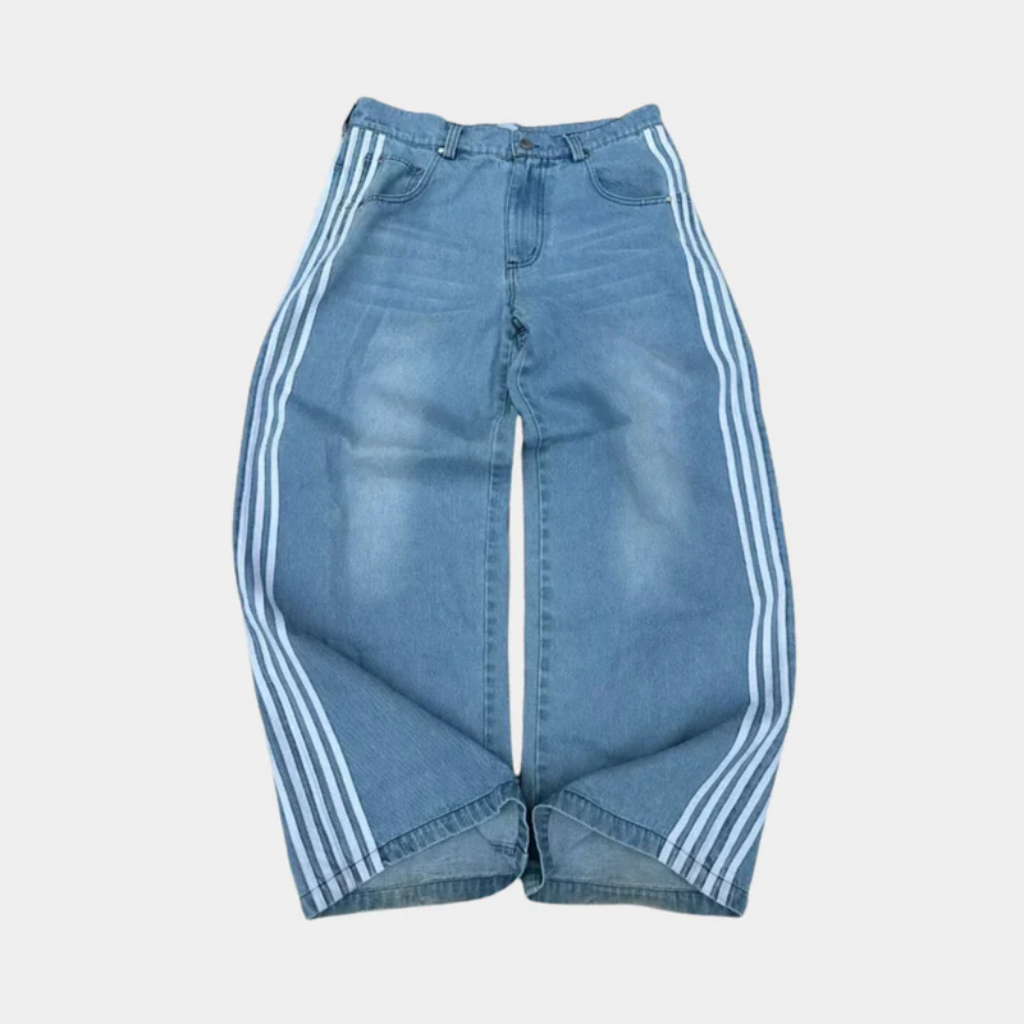 Baggy Jeans Embroidered - Striped Wide Leg Denim-Tithesource-Blue-S-