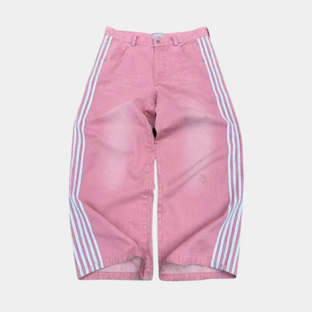 Baggy Jeans Embroidered - Striped Wide Leg Denim-Tithesource-Pink-S-