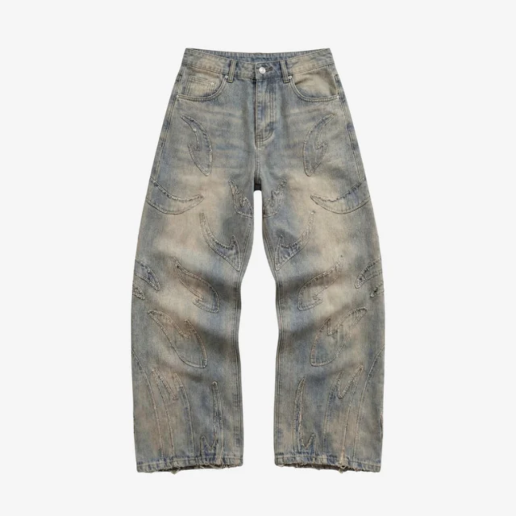 Baggy Jeans Wide Leg - Flared Embroidered Denim-Tithesource-Beige-S-