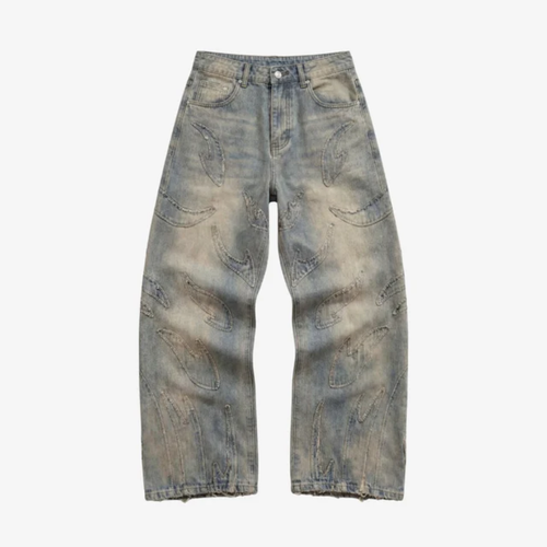 Baggy Jeans Wide Leg - Flared Embroidered Denim-Tithesource-Beige-S-