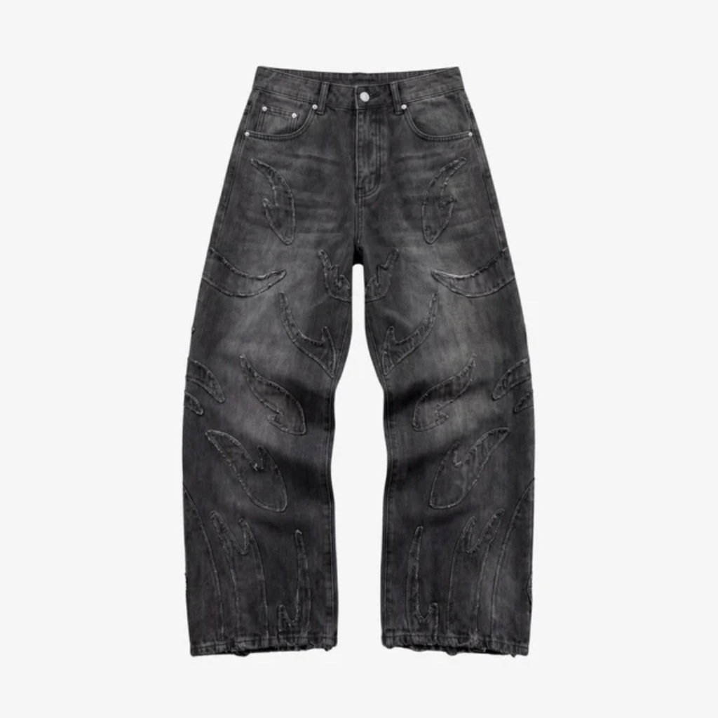 Baggy Jeans Wide Leg - Flared Embroidered Denim-Tithesource-Black-S-
