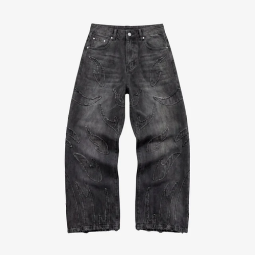 Baggy Jeans Wide Leg - Flared Embroidered Denim-Tithesource-Black-S-