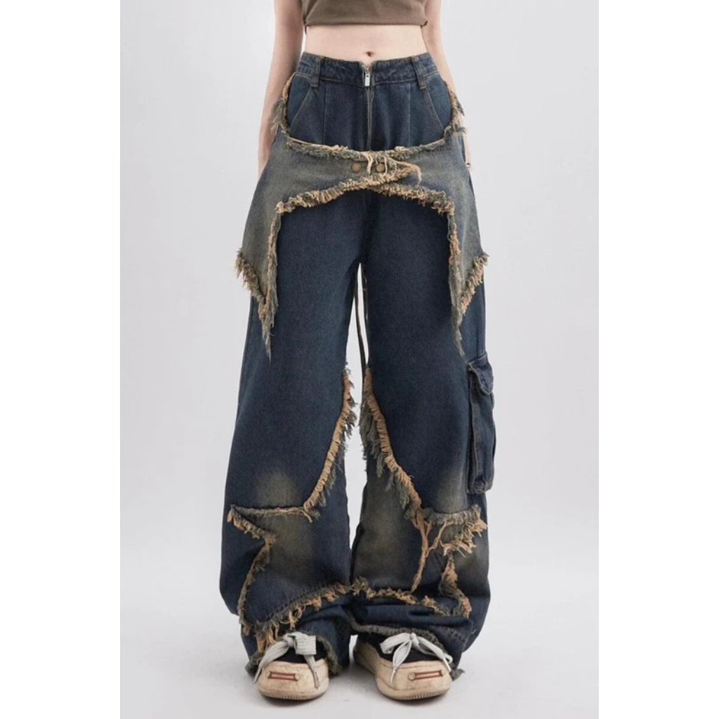 Baggy Jeans Women Blue - Wide Leg Star Print Denim-Tithesource-