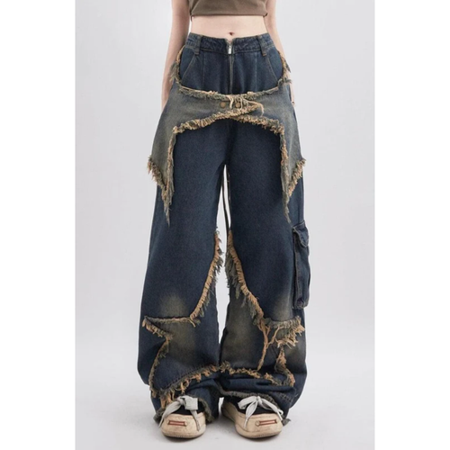 Baggy Jeans Women Blue - Wide Leg Star Print Denim-Tithesource-