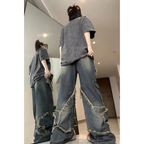 Baggy Jeans Women Blue - Wide Leg Star Print Denim-Tithesource-