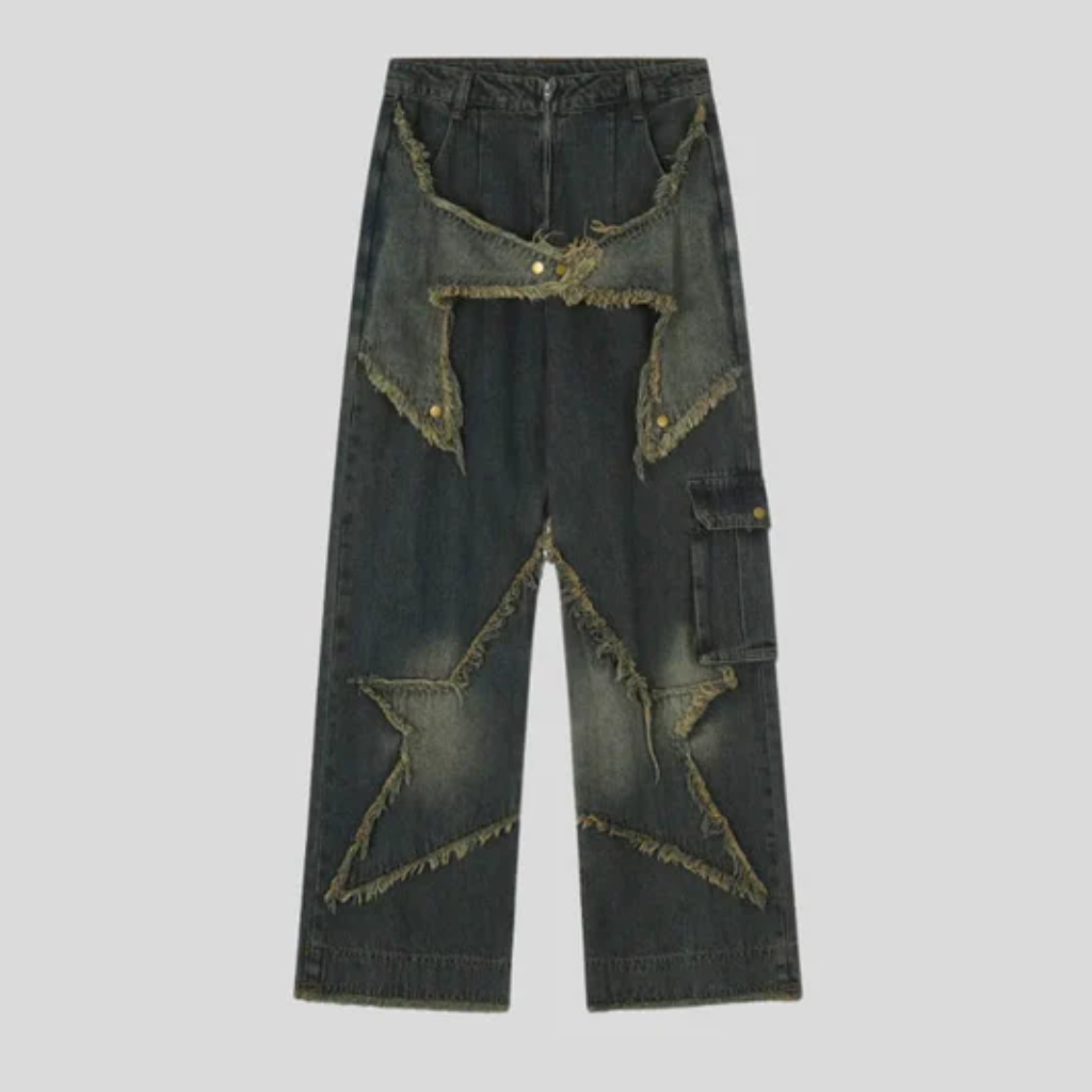 Baggy Jeans Women Blue - Wide Leg Star Print Denim-Tithesource-