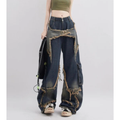 Baggy Jeans Women Blue - Wide Leg Star Print Denim-Tithesource-Navy-S-