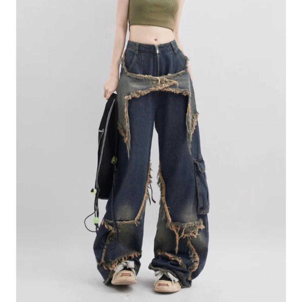 Baggy Jeans Women Blue - Wide Leg Star Print Denim-Tithesource-Navy-S-