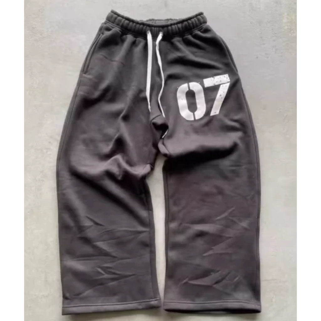 Baggy Sweatpants Wide Leg Joggers Fleece Distressed Number Print Streetwear