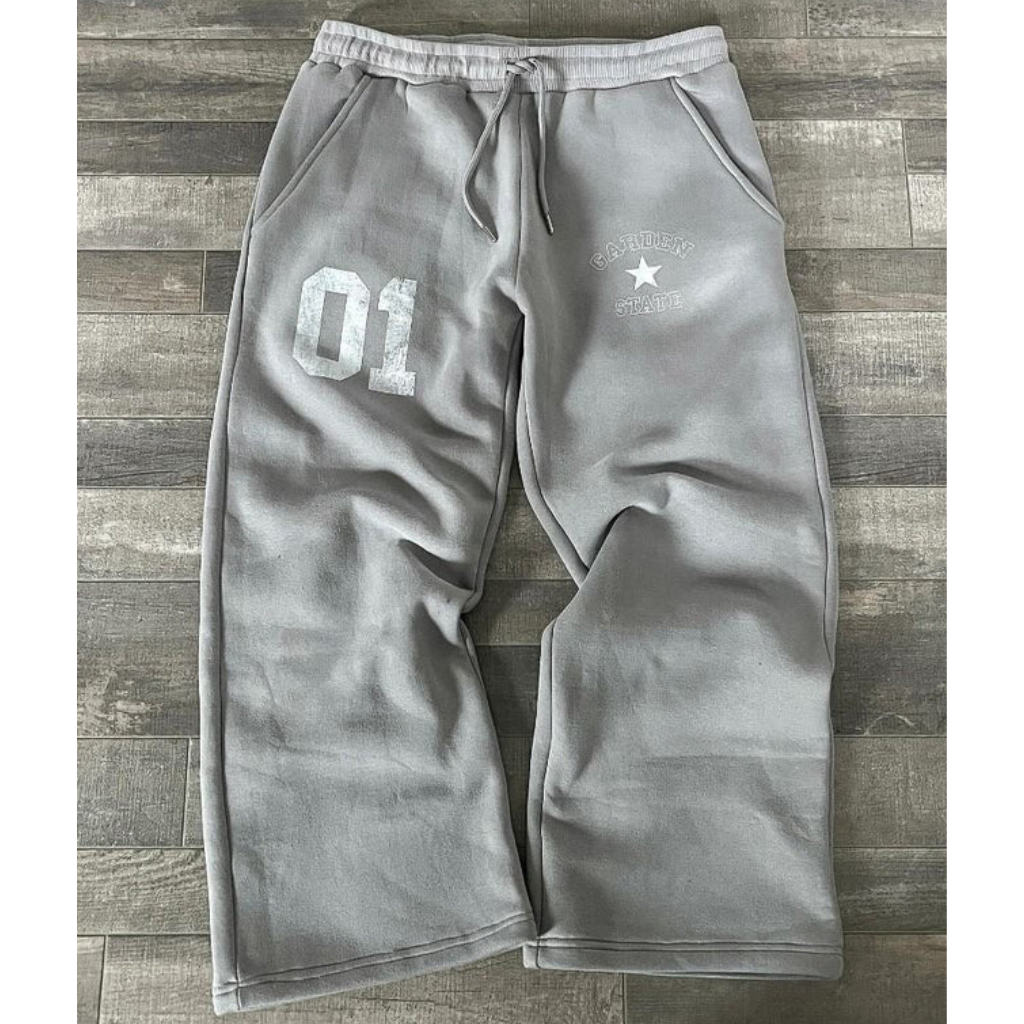 Baggy Sweatpants Wide Leg Joggers Fleece Distressed Number Print Streetwear