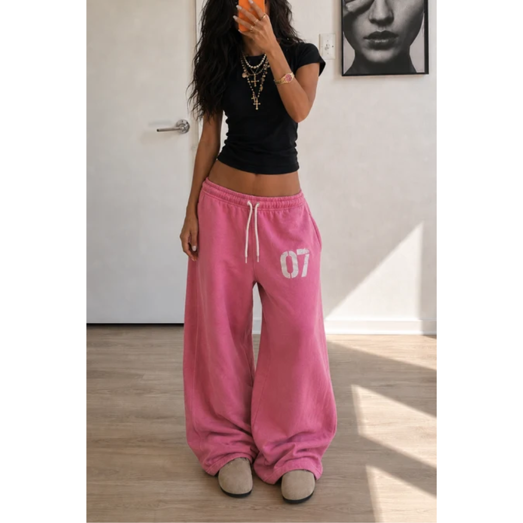 Baggy Sweatpants Wide Leg Joggers Fleece Distressed Number Print Streetwear